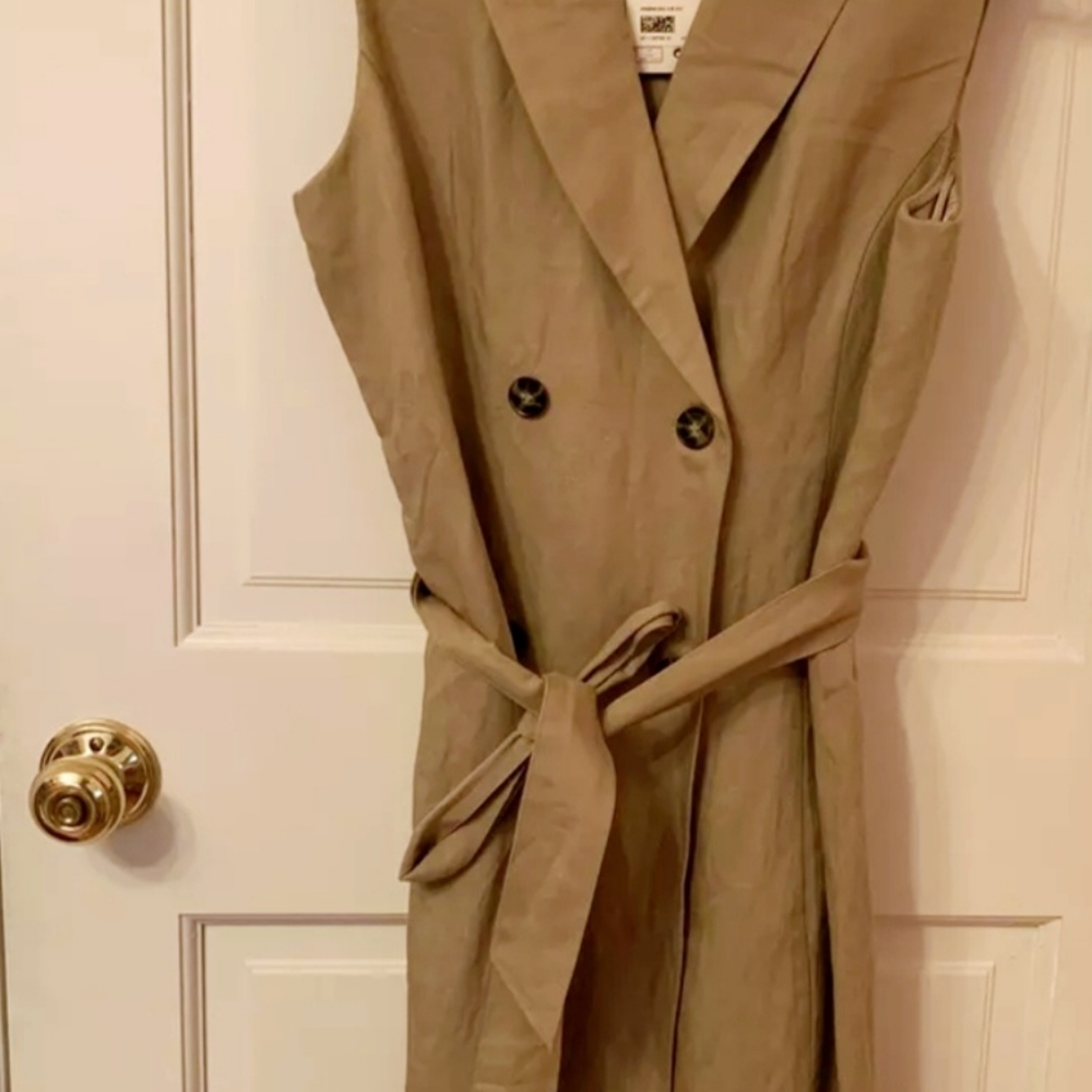 H&M women's linen khaki, medium, tan dress